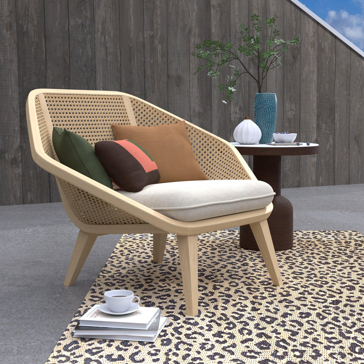 Leopard-print natural rug on the floor with light beige and dark brown spots