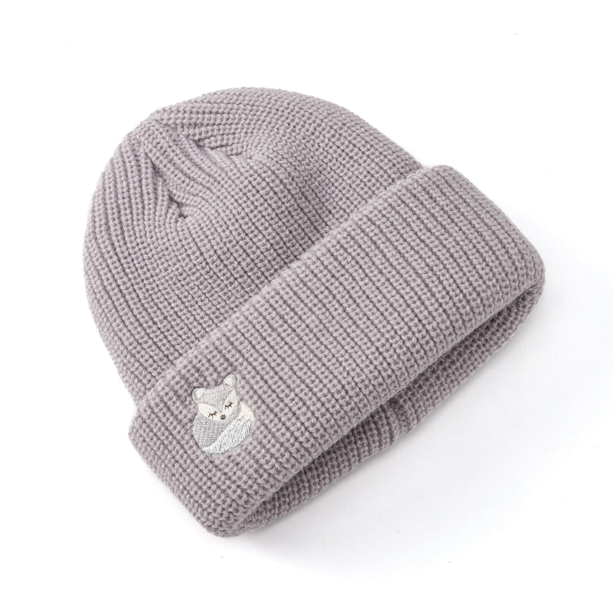 Gray knitted girls' beanie with folded cuff and fox embroidery