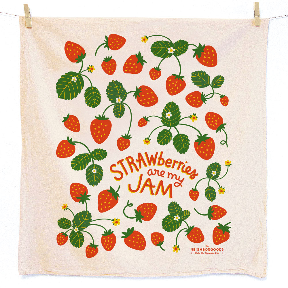 Cream strawberry print towel with red berries, green leaves, and “Strawberries are my JAM”