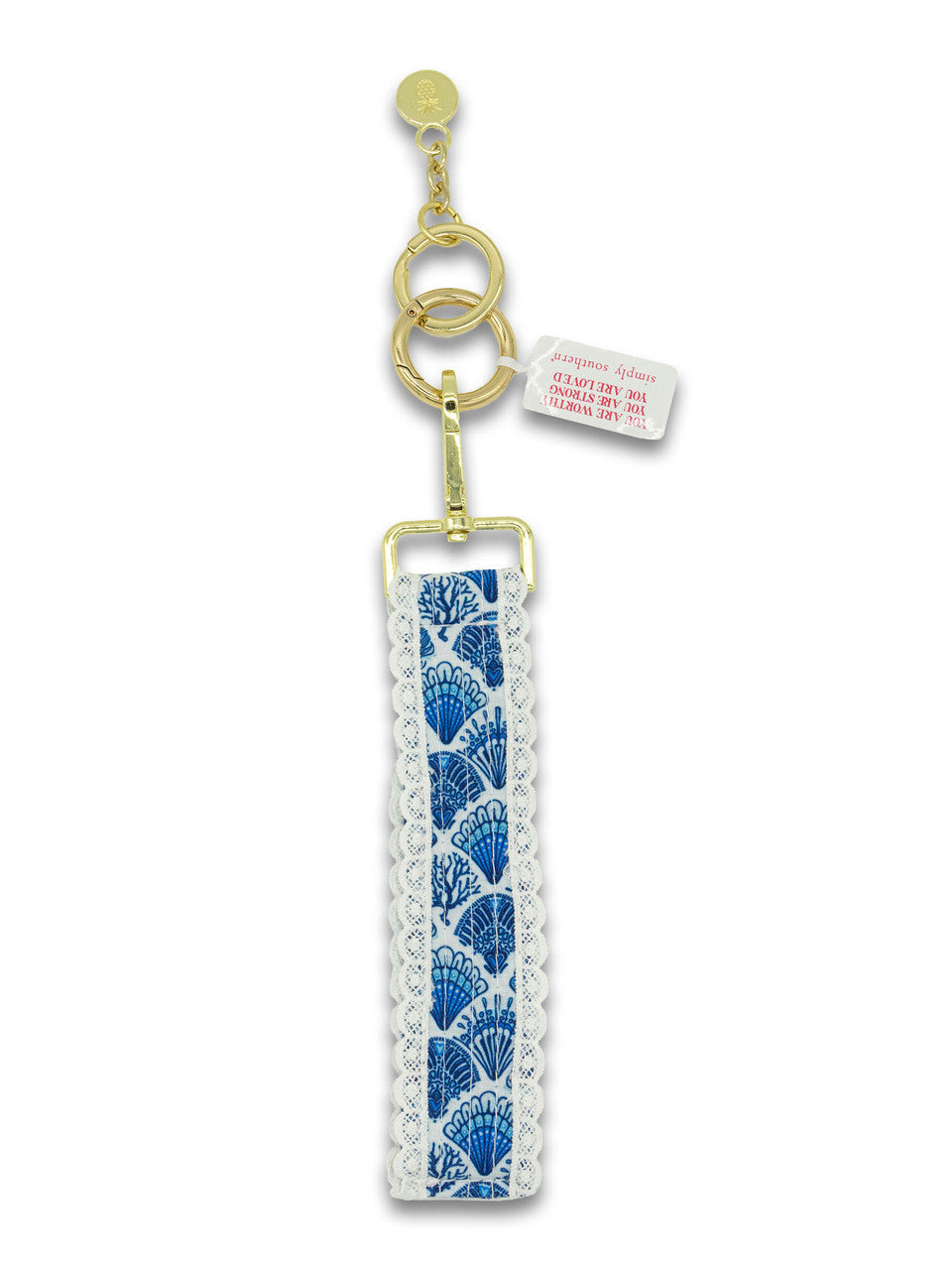 Blue shell lace keyfob with gold chain and round clasp, rectangular patterned strap