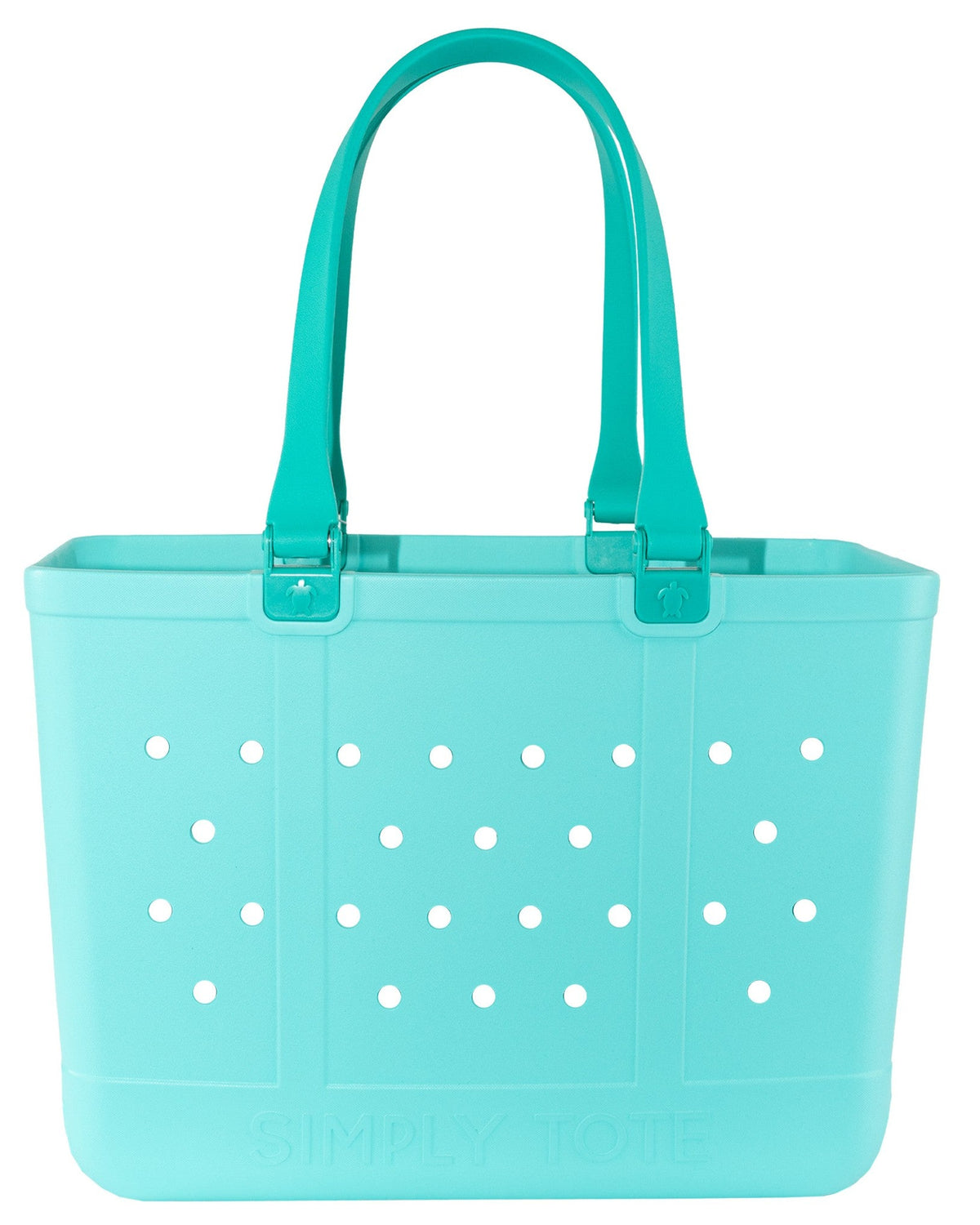 Teal large tote bag with perforated dot panels and double top handles
