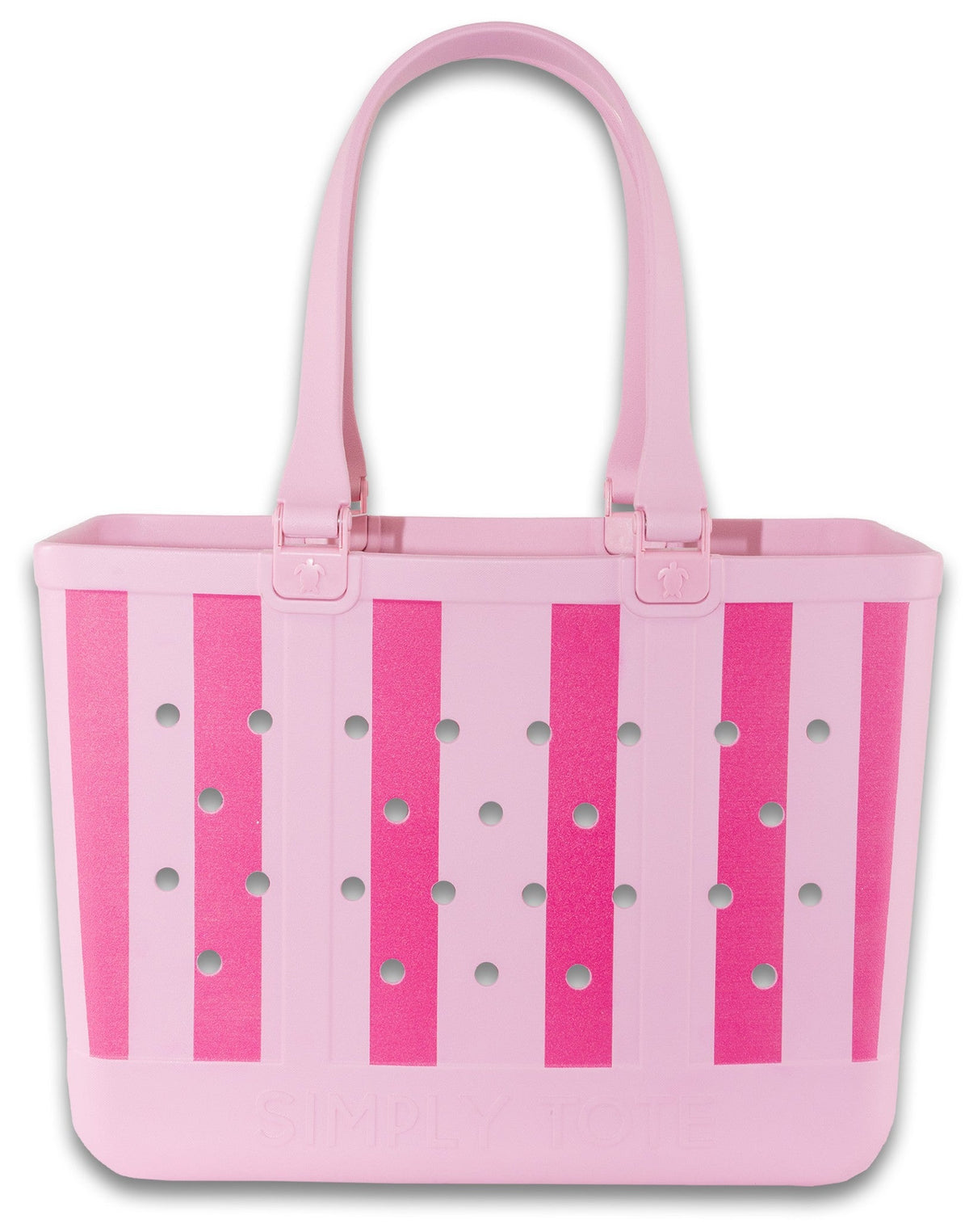 Pink-and-hot-pink striped large tote bag with perforated dot panels and double handles