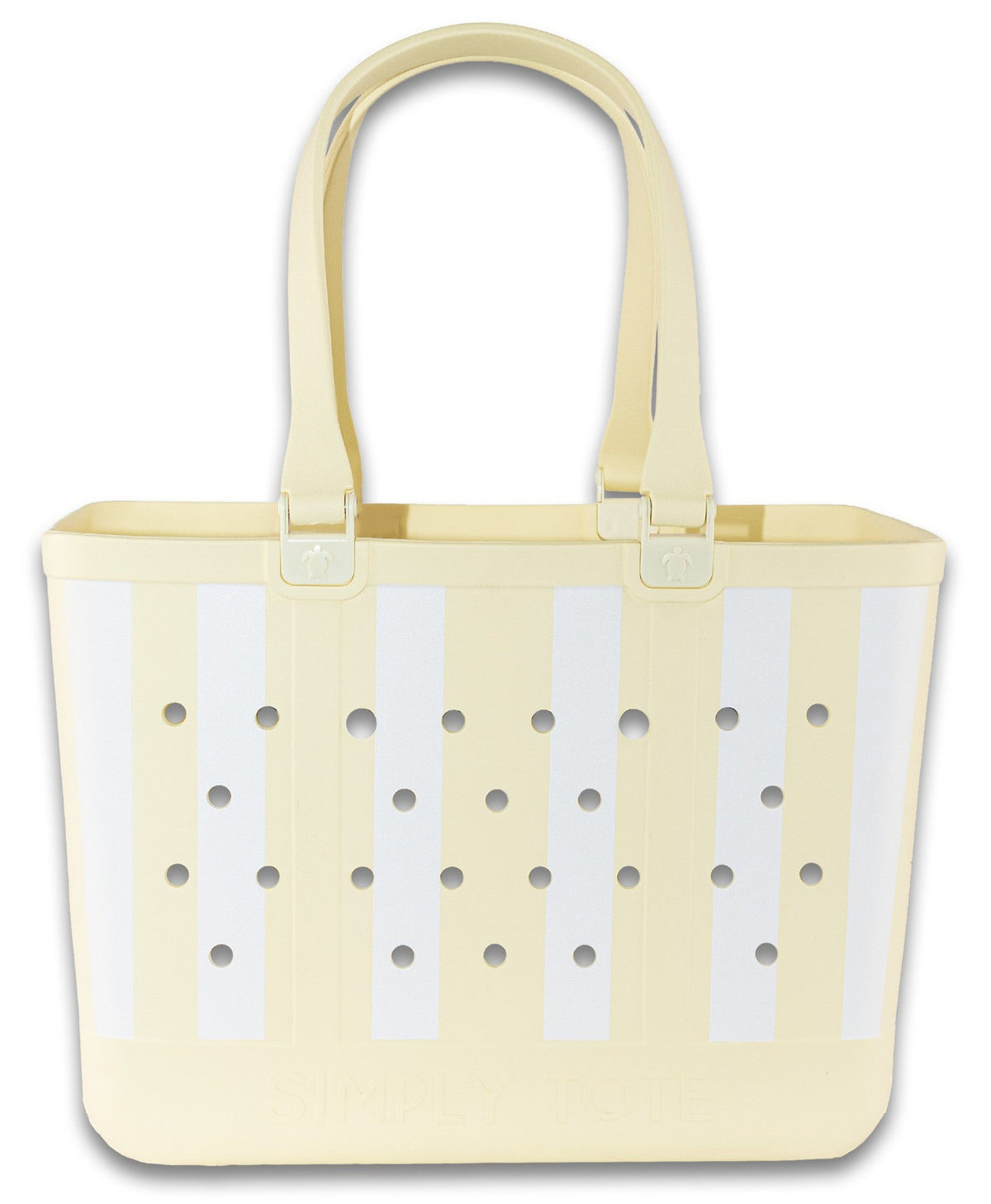 Light yellow large tote bag with perforated dot panels and double top handles