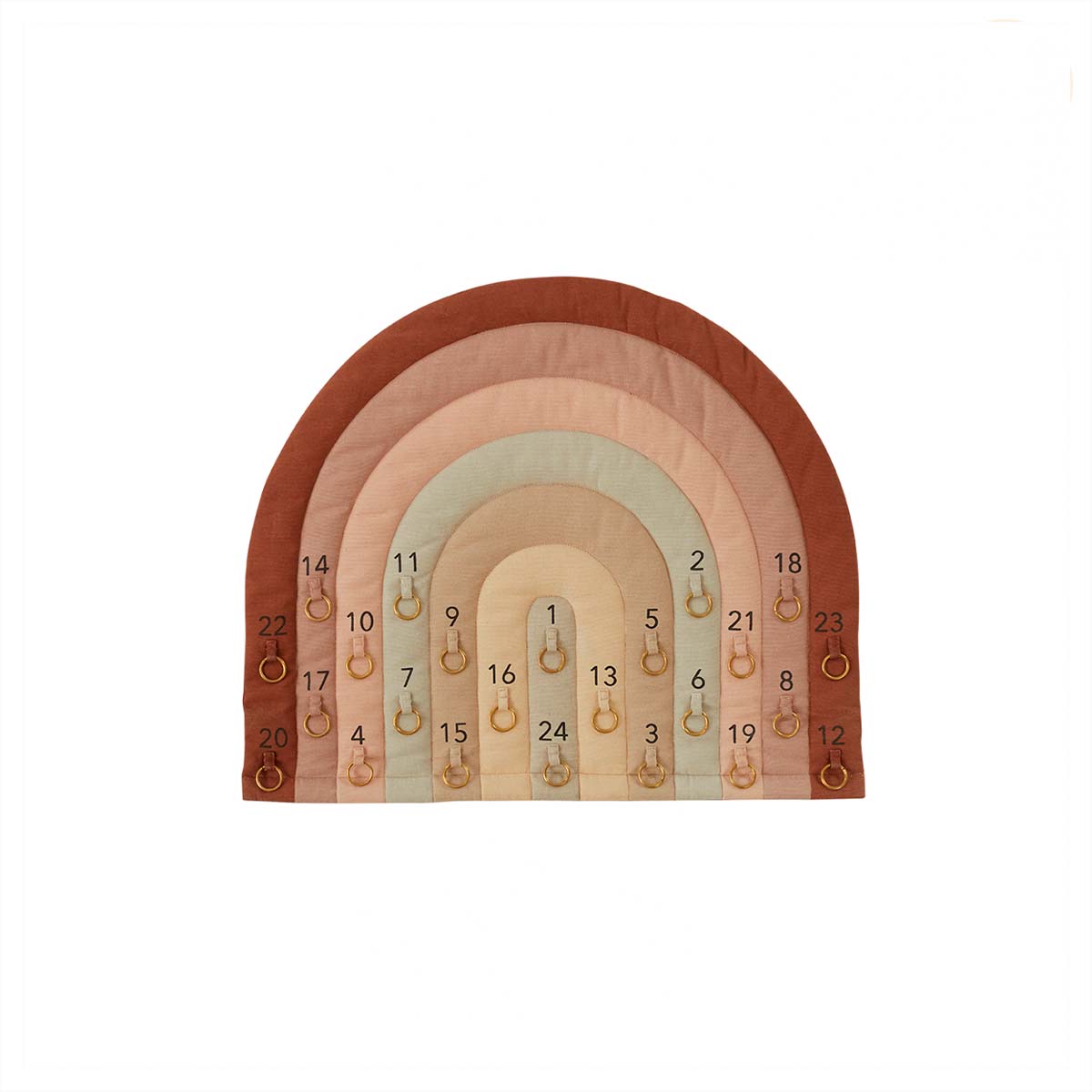 Rainbow arch advent calendar with numbered slots and small hanging ornaments