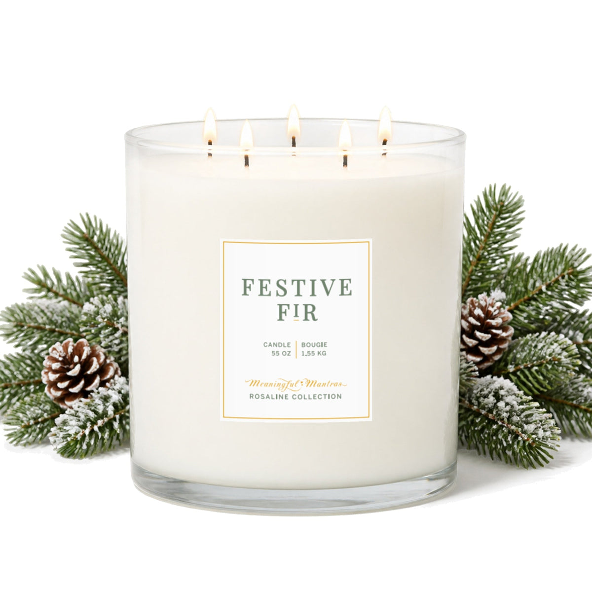 Festive Fir candle in a clear glass jar with four lit wicks