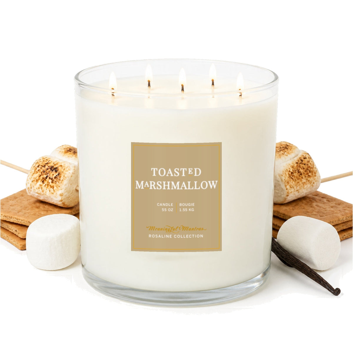 Toasted Marshmallow candle in a clear glass jar with five wicks and a tan label
