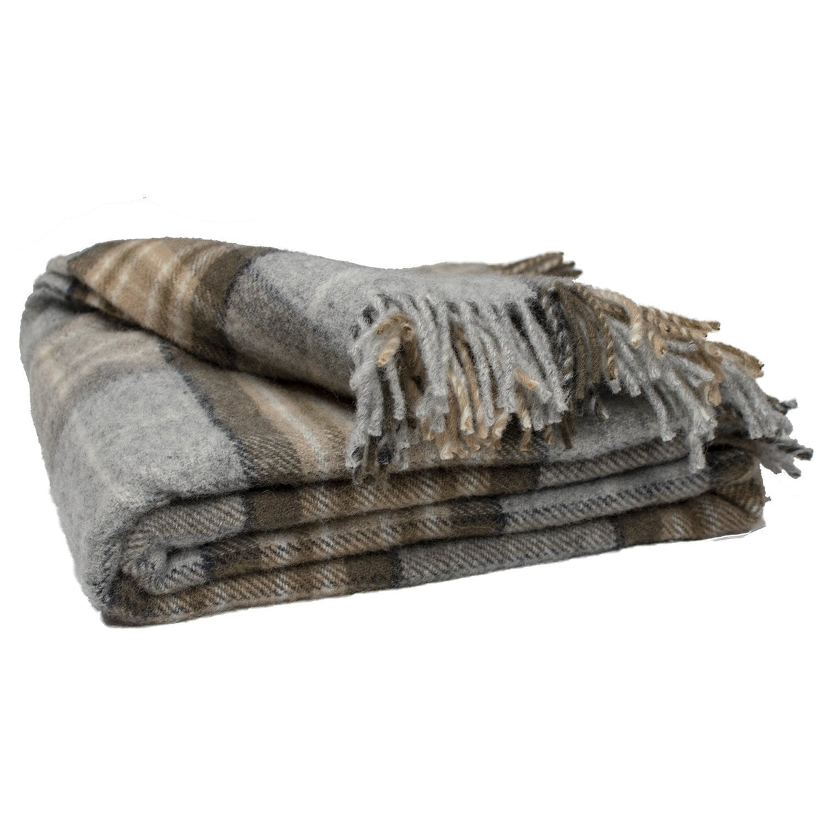 Folded plaid wool throw with fringes, gray, tan, and beige stripes