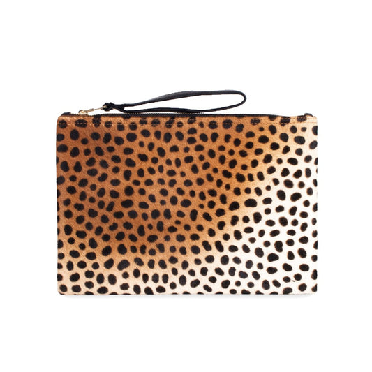 Leopard print leather flat wallet clutch with wrist strap