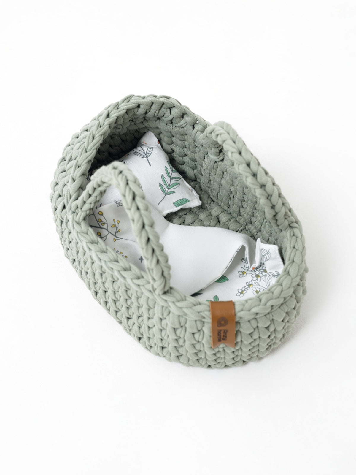 Mini doll Moses basket, sage green knitted basket with doll bedding