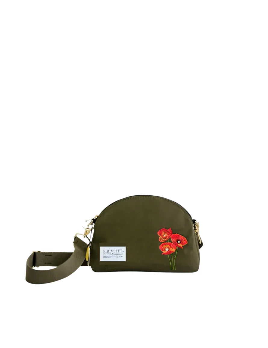 Olive nylon crossbody pouch with red flower embroidery, front patch, zip closure