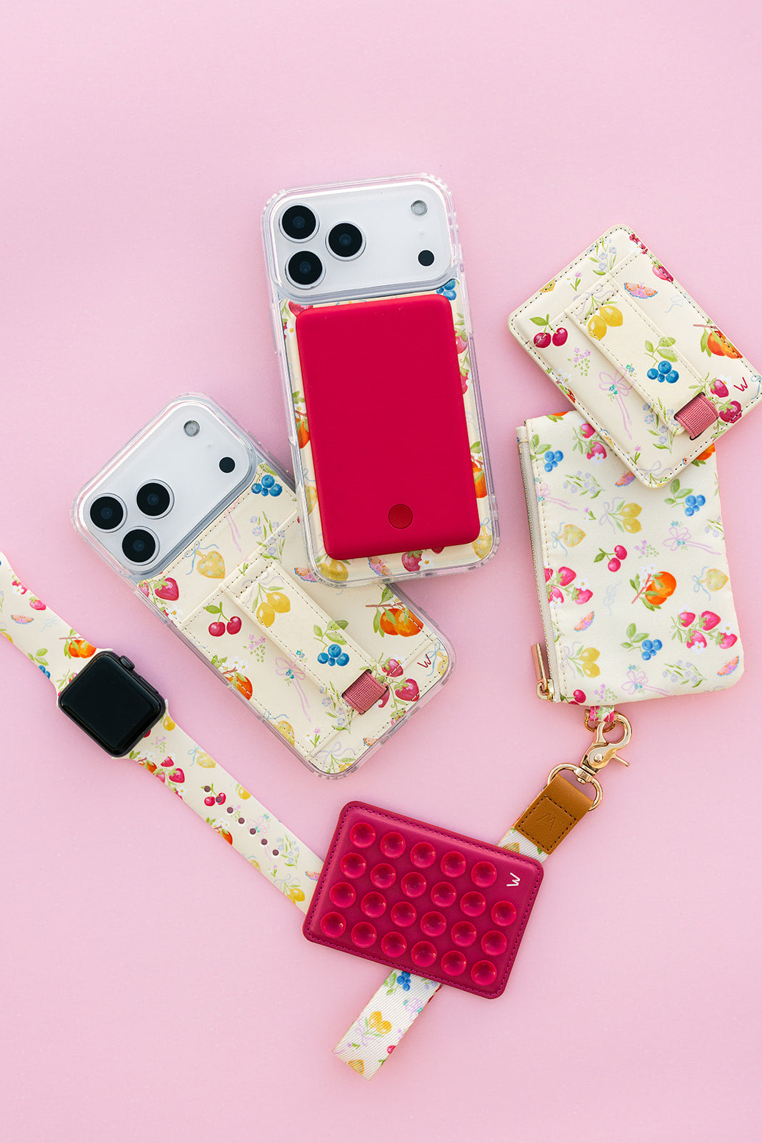 Set of berry-print lanyards with card holders and key clips for phone accessories