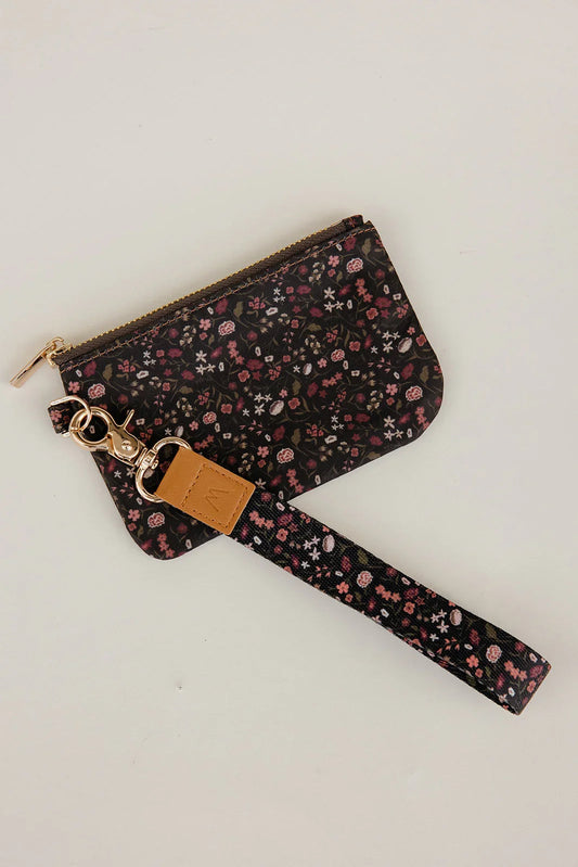 Floral zip pouch wrist lanyard with gold clasp and matching wrist strap, black and pink
