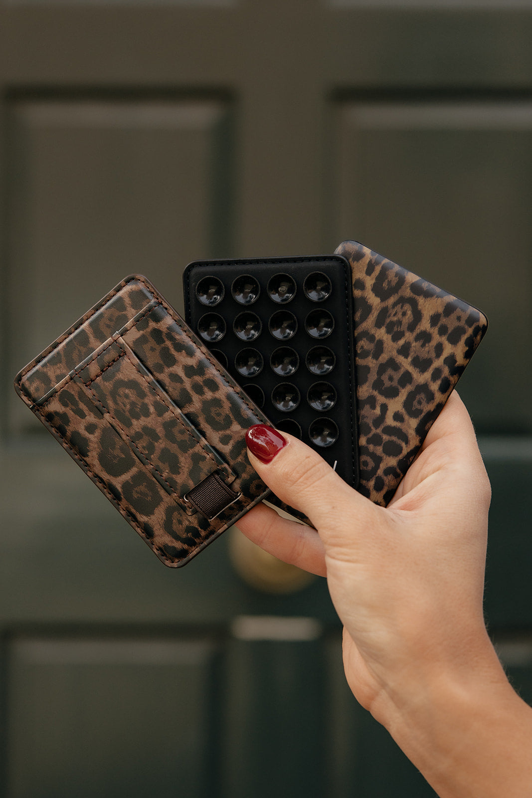 Leopard-pattern magnetic phone card wallet with card slots and magnetic closure tab