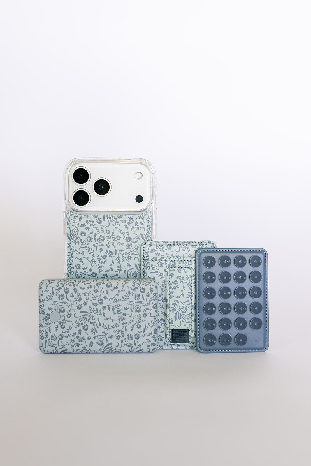 Blue-gray floral phone magnetic wallet with matching pocket card holder