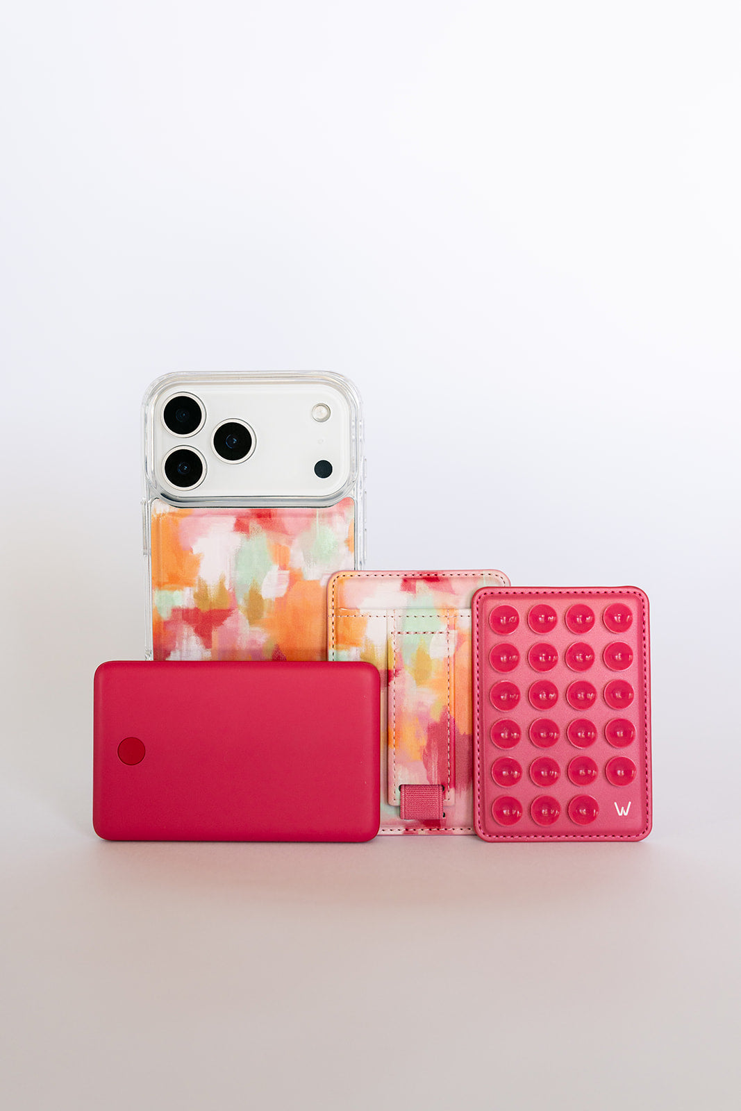 Watercolor magnetic wallet with orange strap and red magnetic card holder