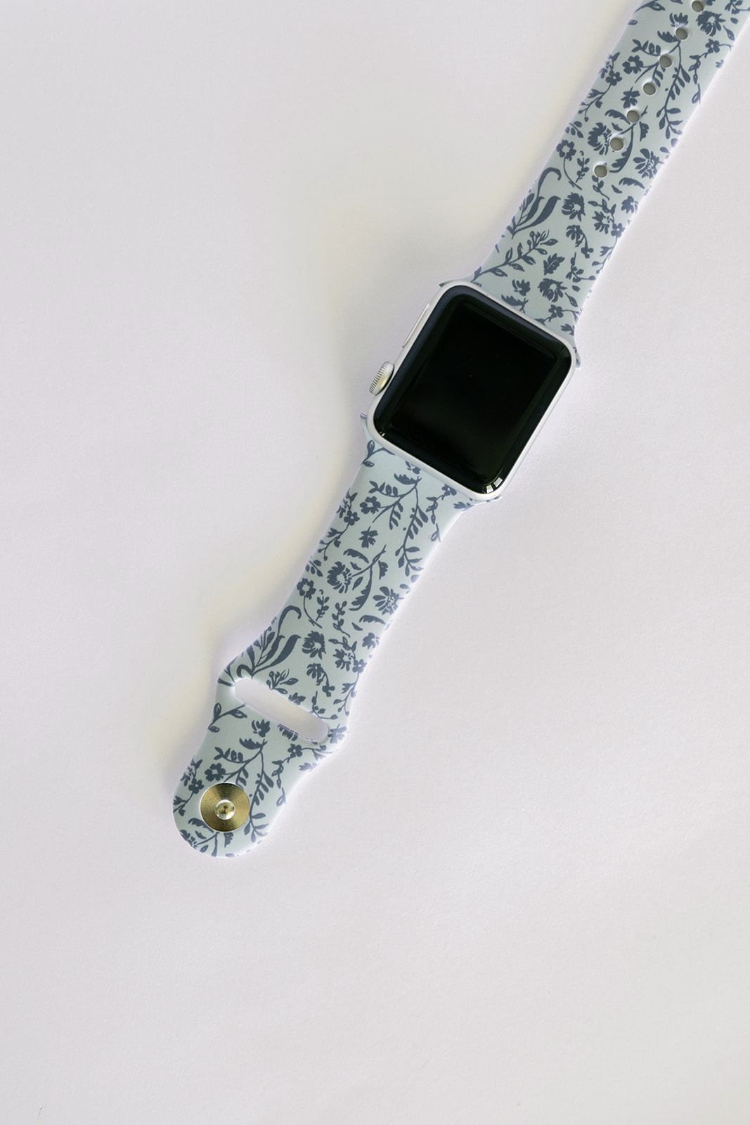Light blue botanical print watch band with metal buckle, no watch