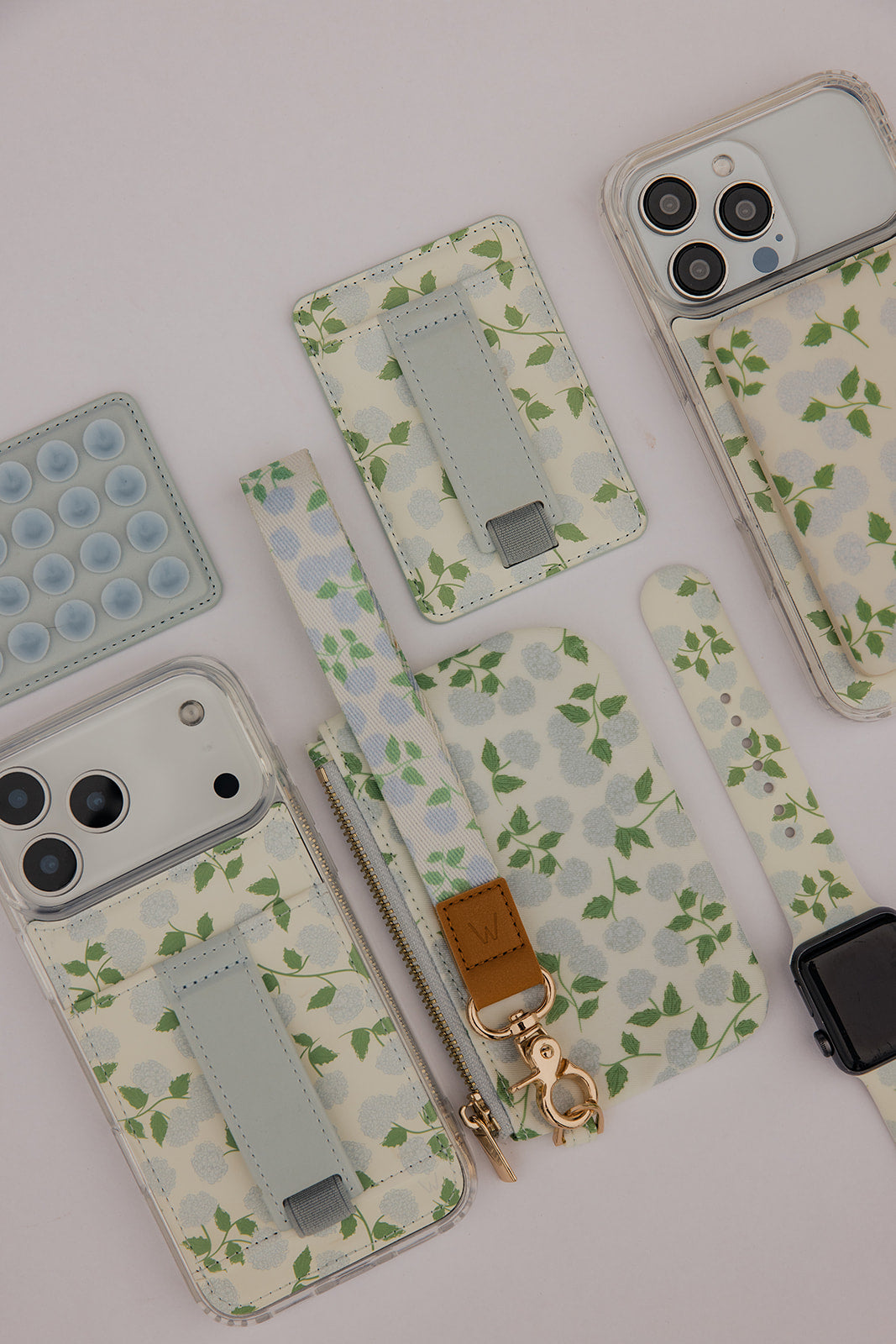 Leaf-pattern phone lanyard straps with tan leather key ring and clips