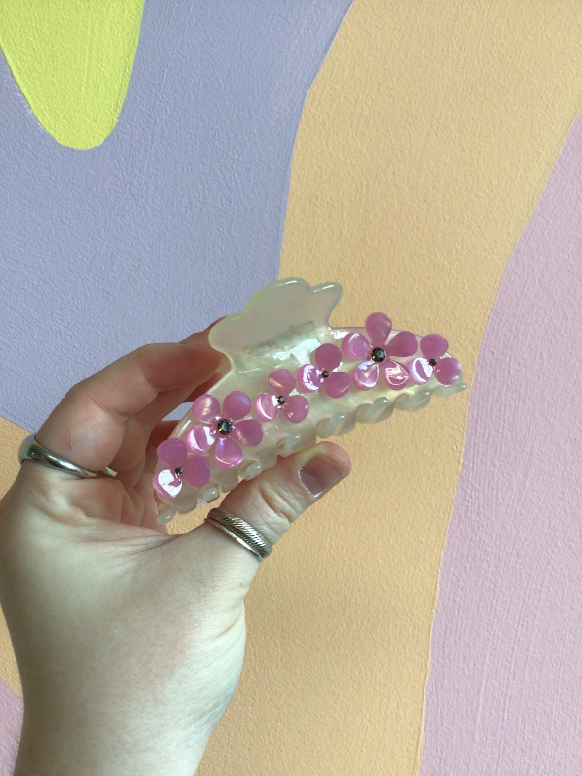 Appliqué flower hair claw clip, clear with pink floral accents