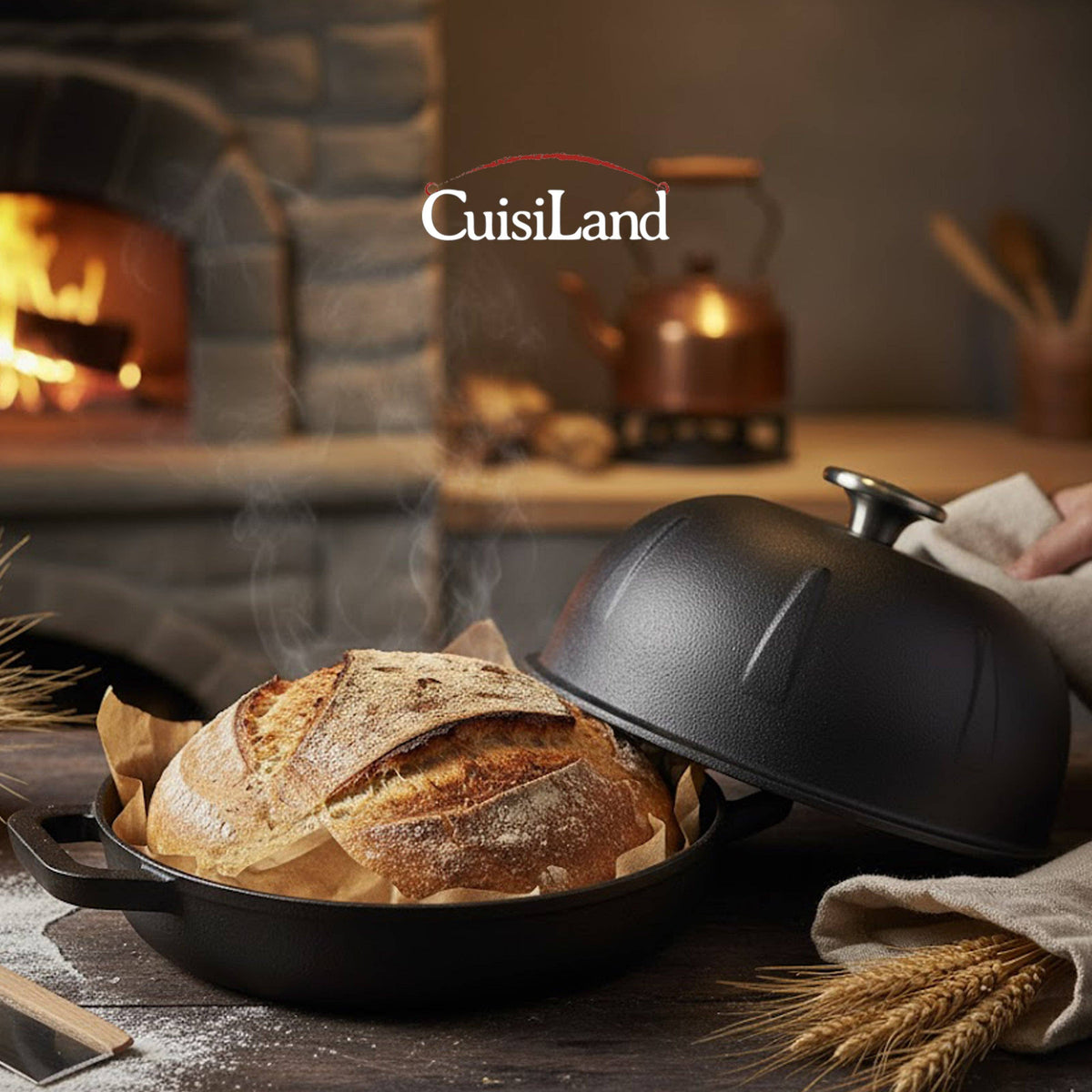 Black cast iron bread cloche with dome lid and baked loaf on base