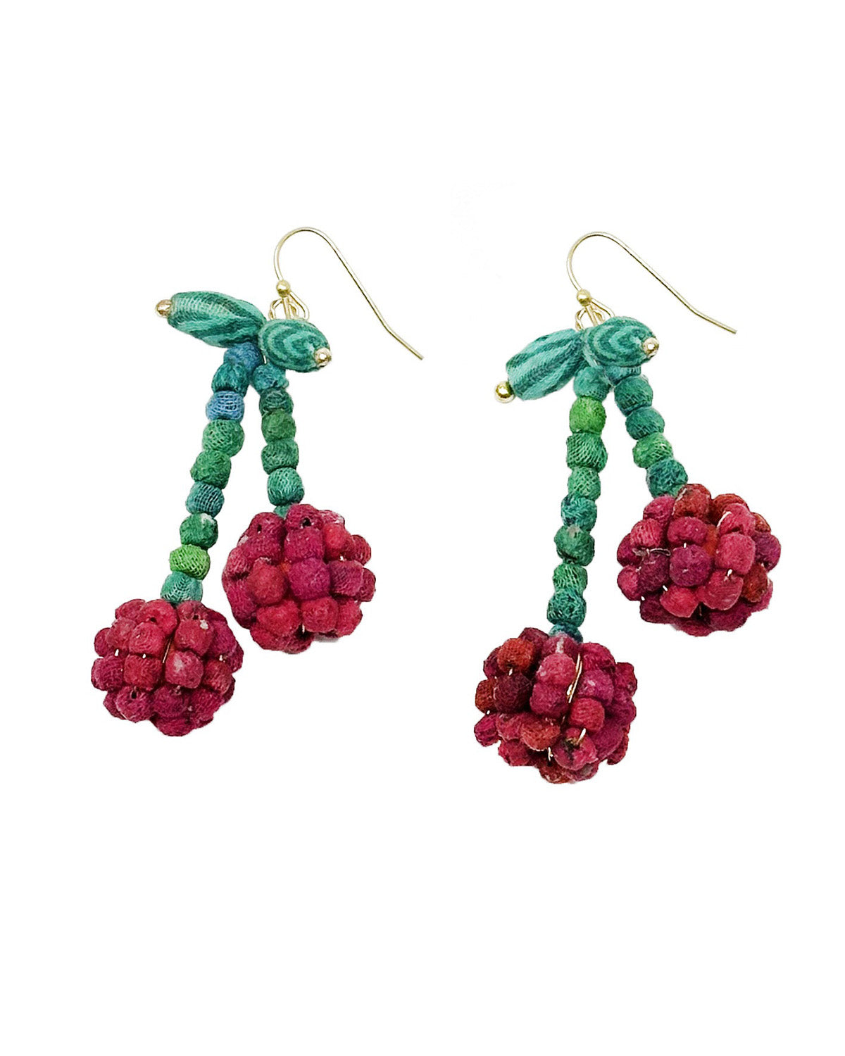 Teal and red bead drop earrings with gold hooks and three berry pom-pom clusters.