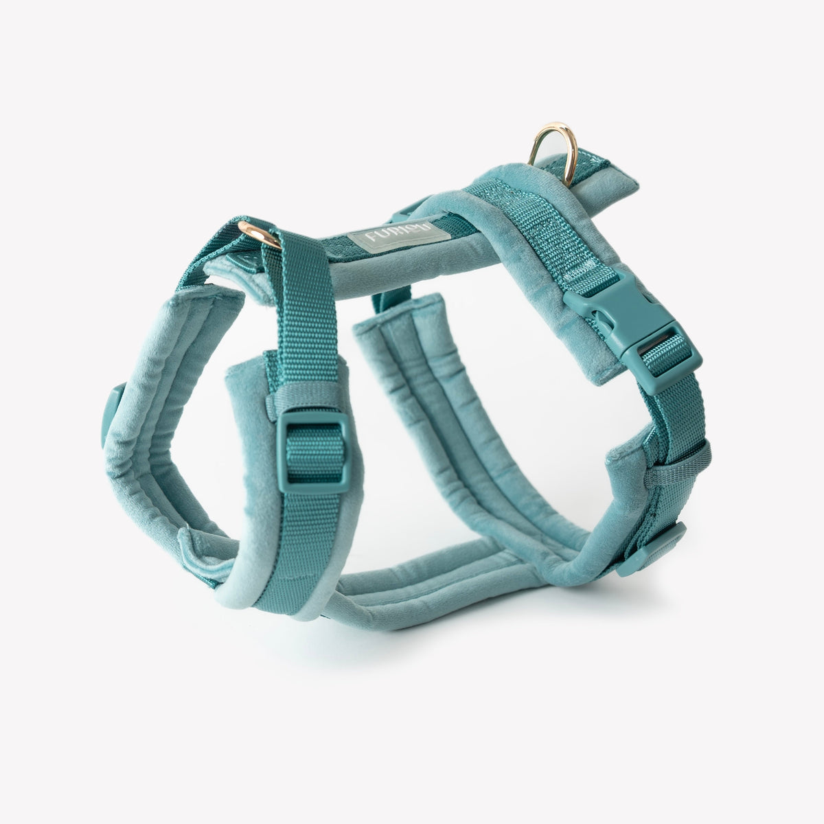 Blue velvet dog harness with adjustable straps and padded chest plate