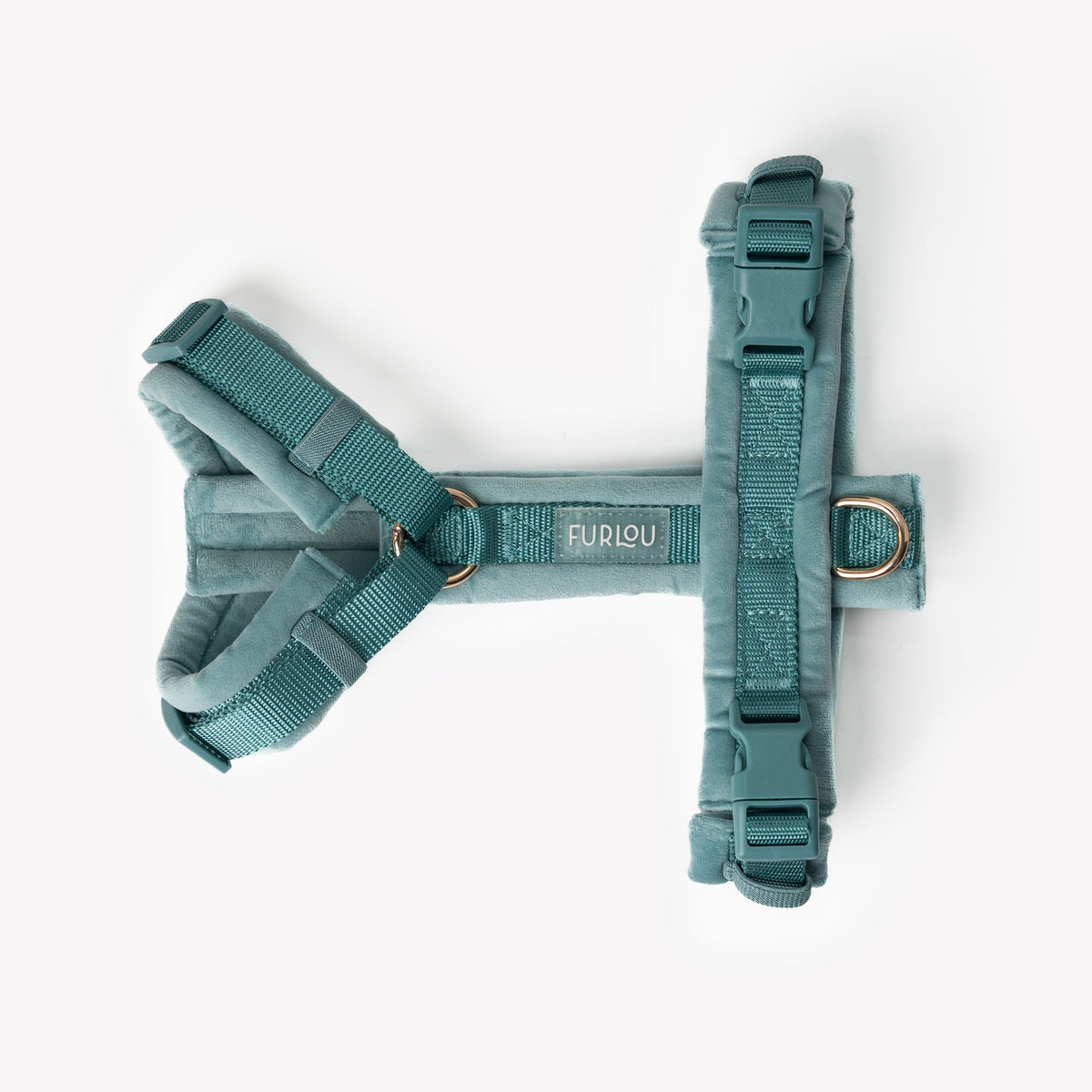 Blue velvet dog harness with D-ring leash loop and padded belly strap