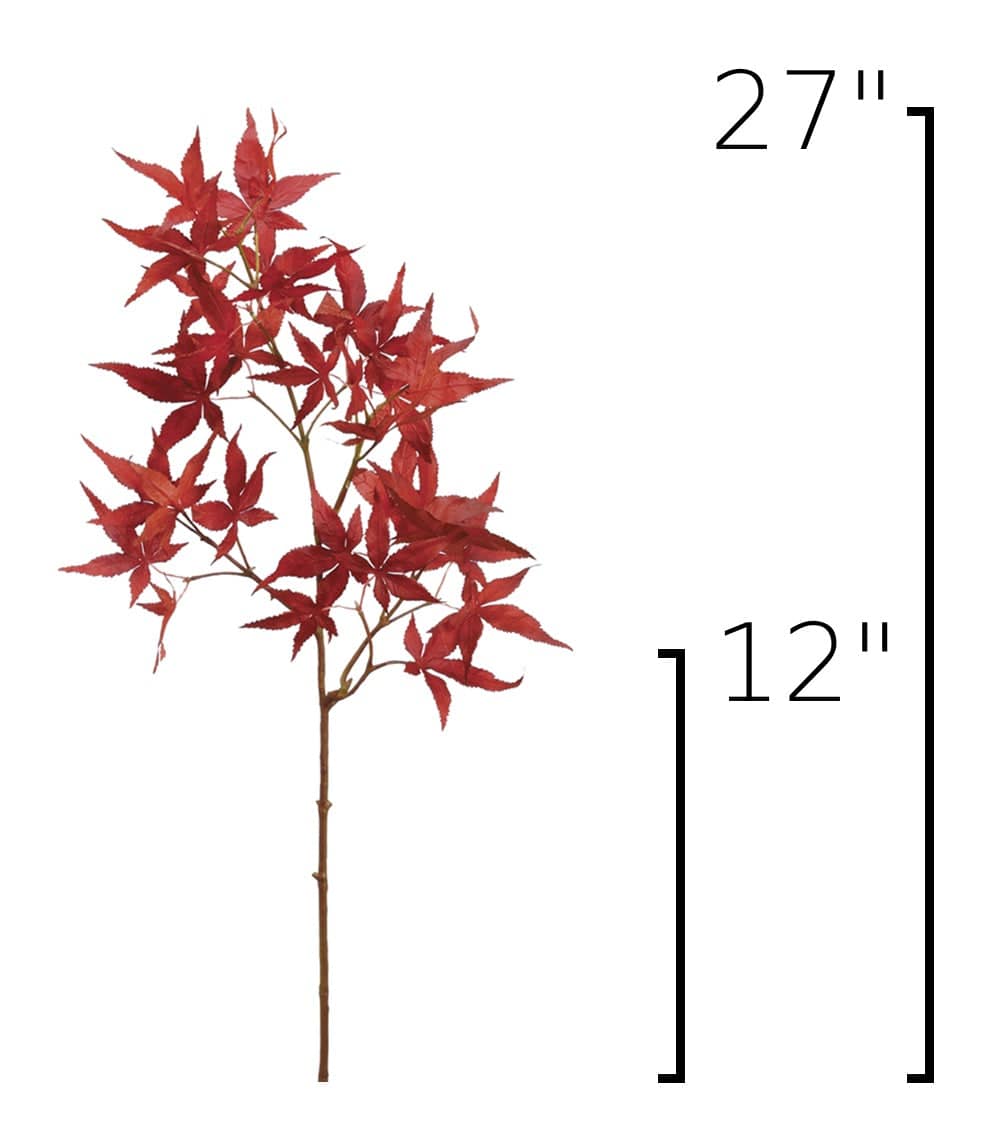 Faux Japanese maple leaf stem with red leaves, size shows 27 in and 112 in