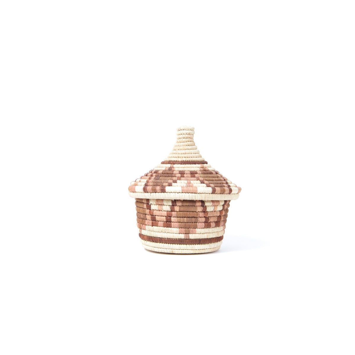Woven lidded coffee basket with striped brown flower pattern and finial lid