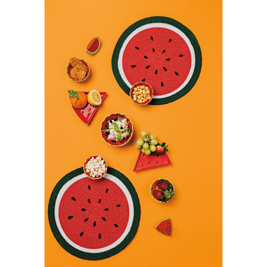 Watermelon-themed dish plate set with two large round placemats and small plates