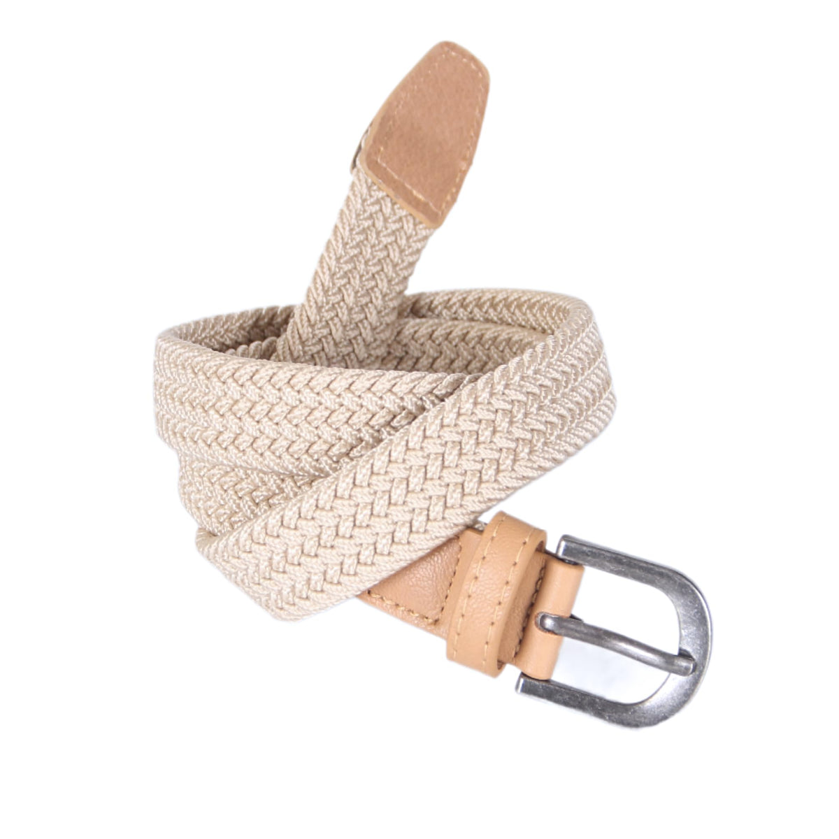 Girls' beige braided stretch belt with tan leather details and metal buckle