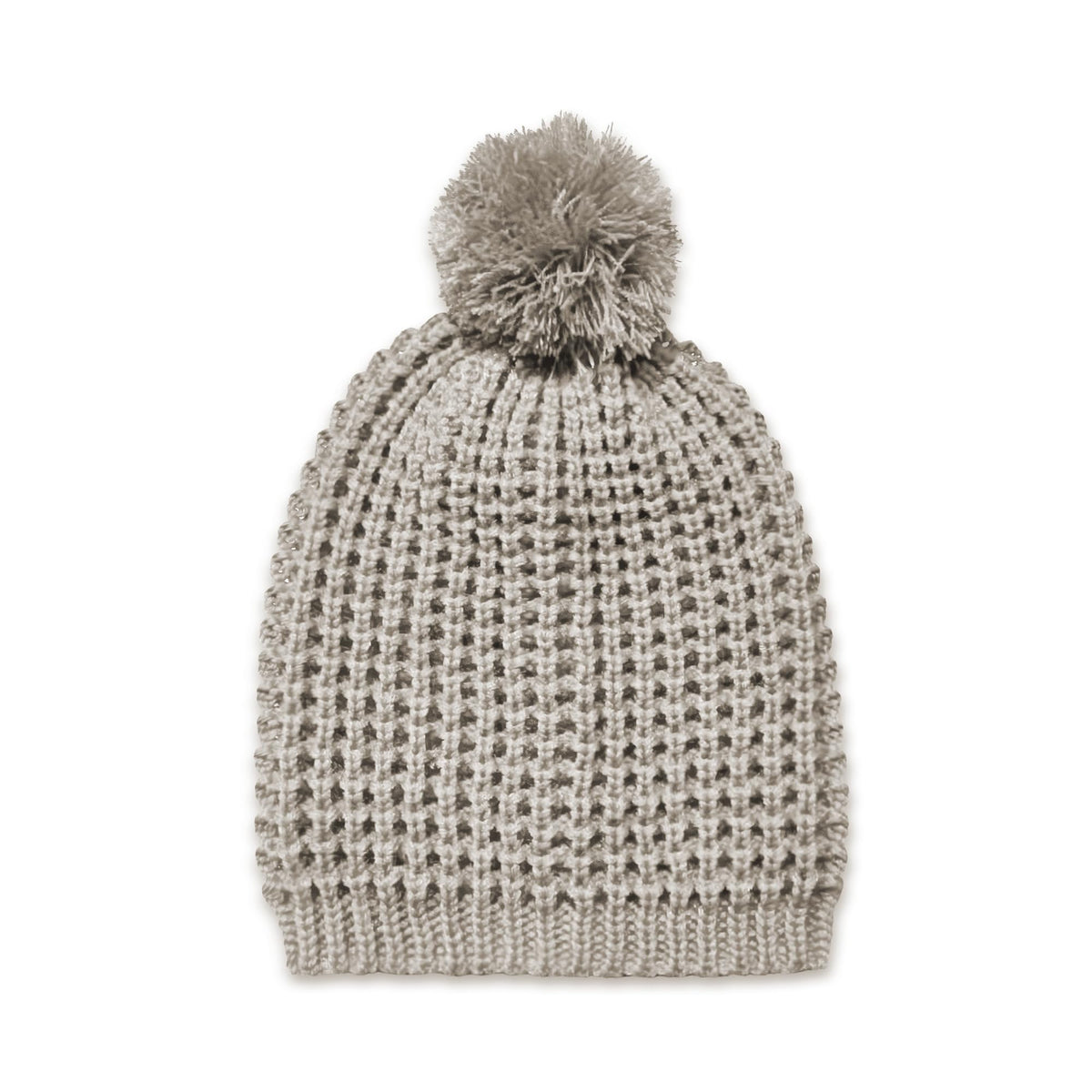 Beige textured knit beanie with ribbed cuff and pom-pom