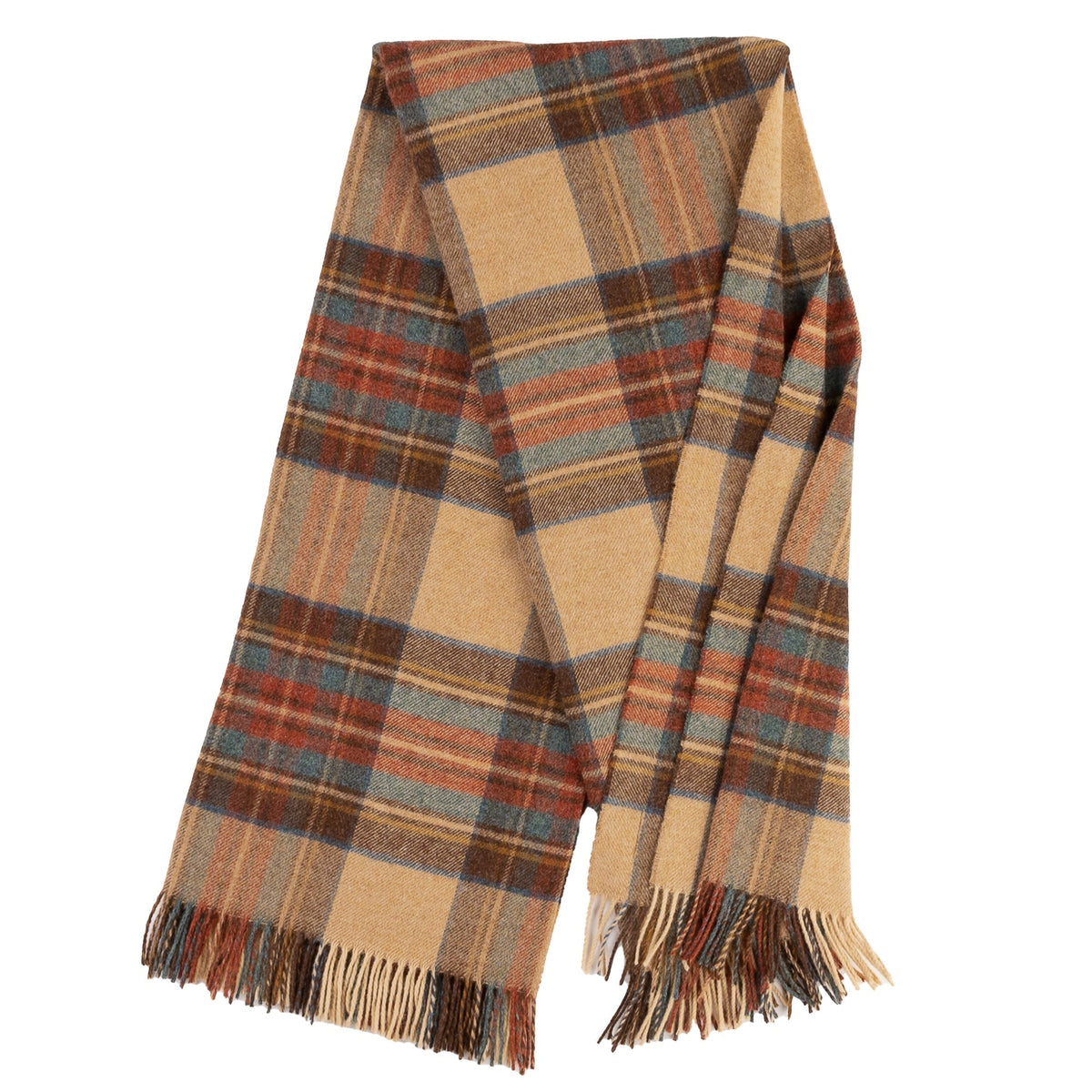 Plaid wool throw blanket with fringe edges in tan, rust, teal, and brown checks