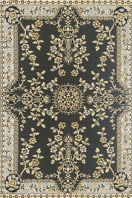 Black and tan ornamental area rug with floral medallion pattern and border