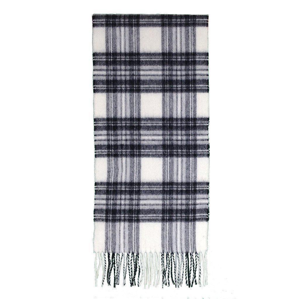 Merino lambswool tartan scarf rectangle in white and grey plaid with fringe tassels