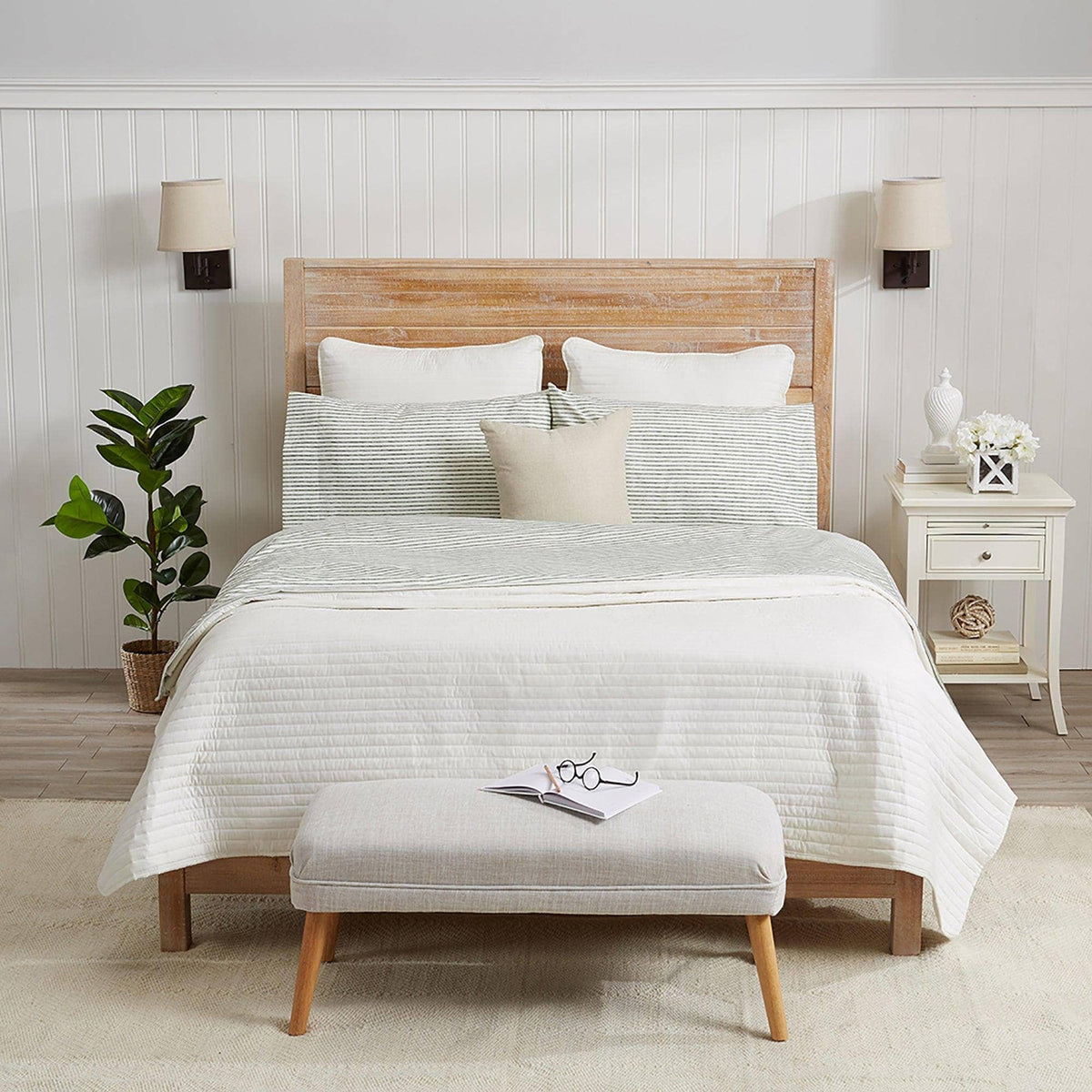 Striped microfiber sheet set with white duvet cover and tan stripe pillowcases