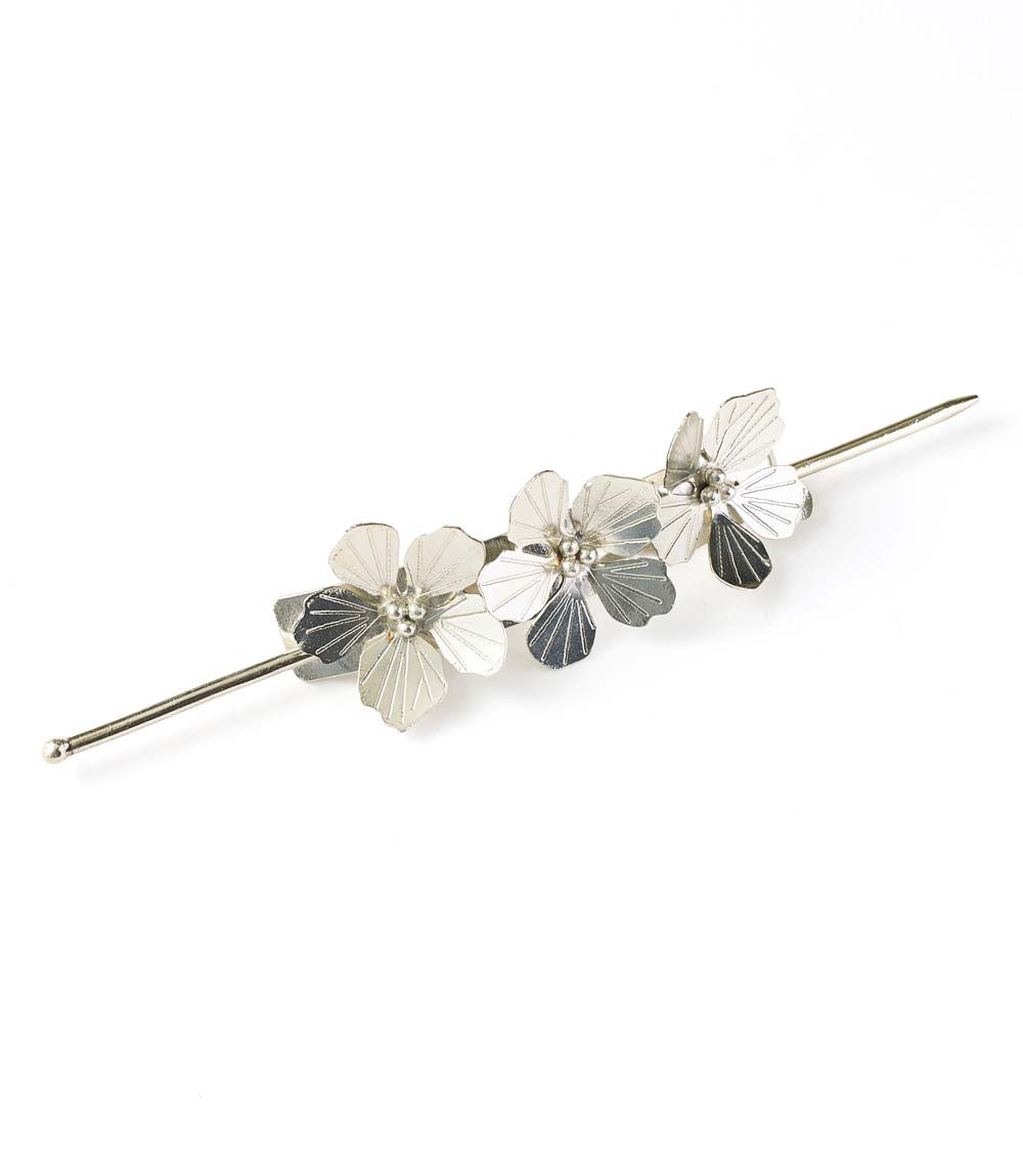 Silver flower hair pin with long bar, five layered blossoms and rhinestone centers
