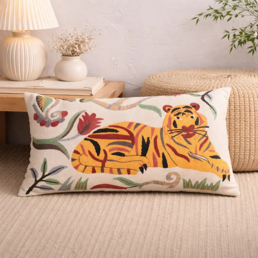 Rectangular cotton pillow with tiger illustration and floral vine accents on white fabric