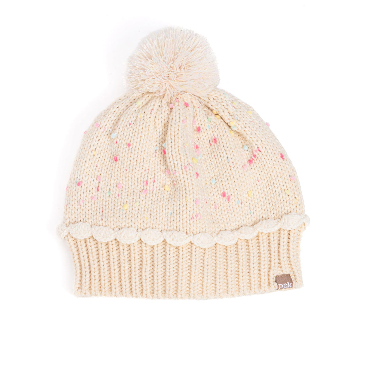 Front view of pale speckled knit beanie with ribbed cuff, scalloped trim, and pom-pom