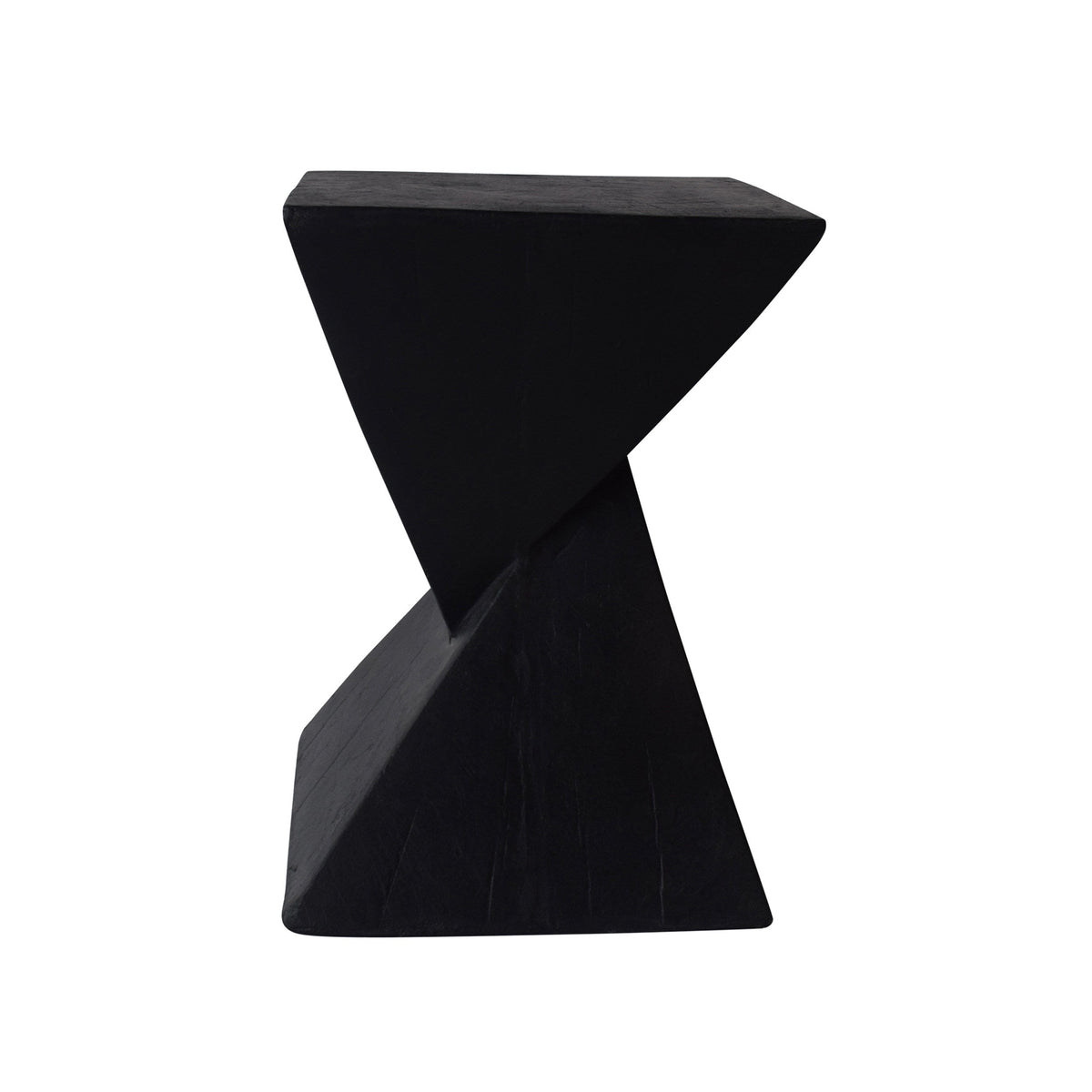 Black hourglass side table viewed from the side
