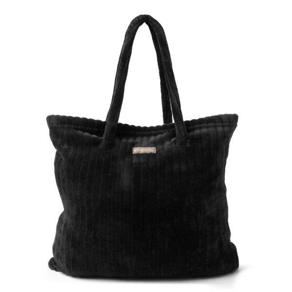 Hello Mello black ribbed tote bag with long handles.