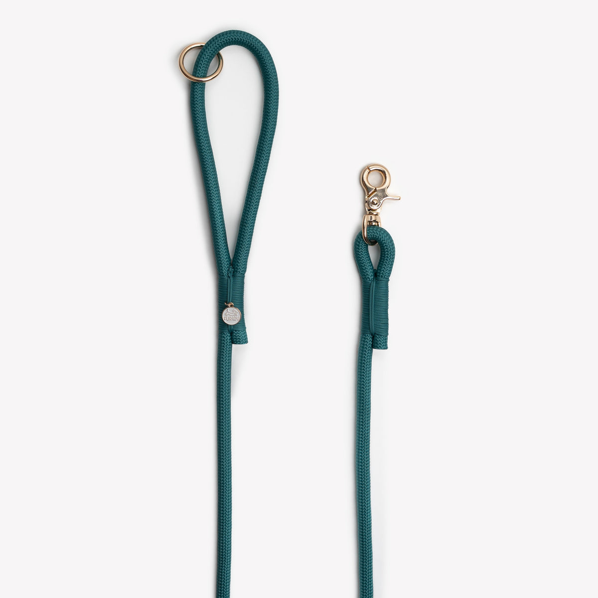 Teal braided rope dog leash with lobster clasp and small tag
