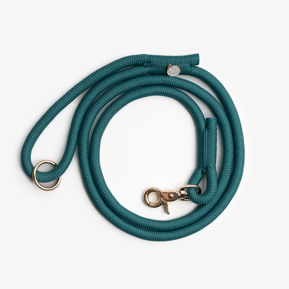 Teal braided rope dog leash with metal snap hook and round ring attachment