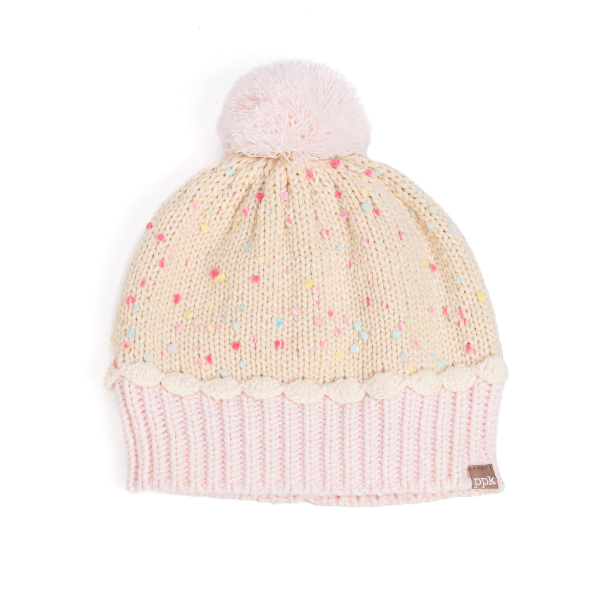 Children's knit beanie with pale pink pom-pom, cream sprinkle-knit crown and ribbed pink cuff