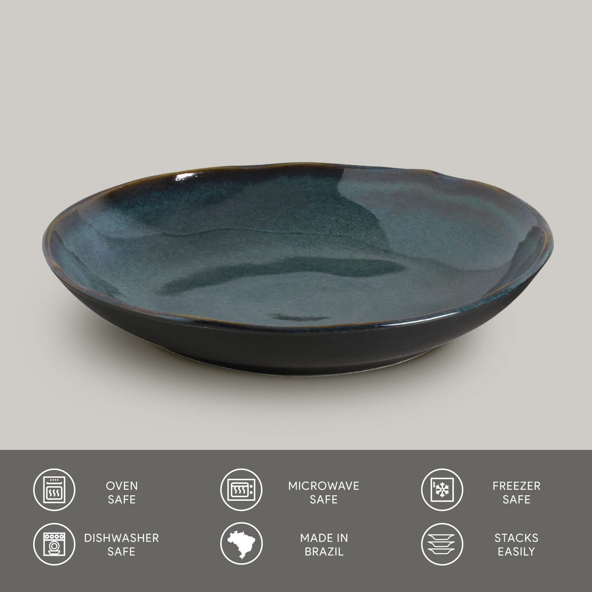 Deep teal reactive glazed pasta plate, round shallow bowl with glossy finish