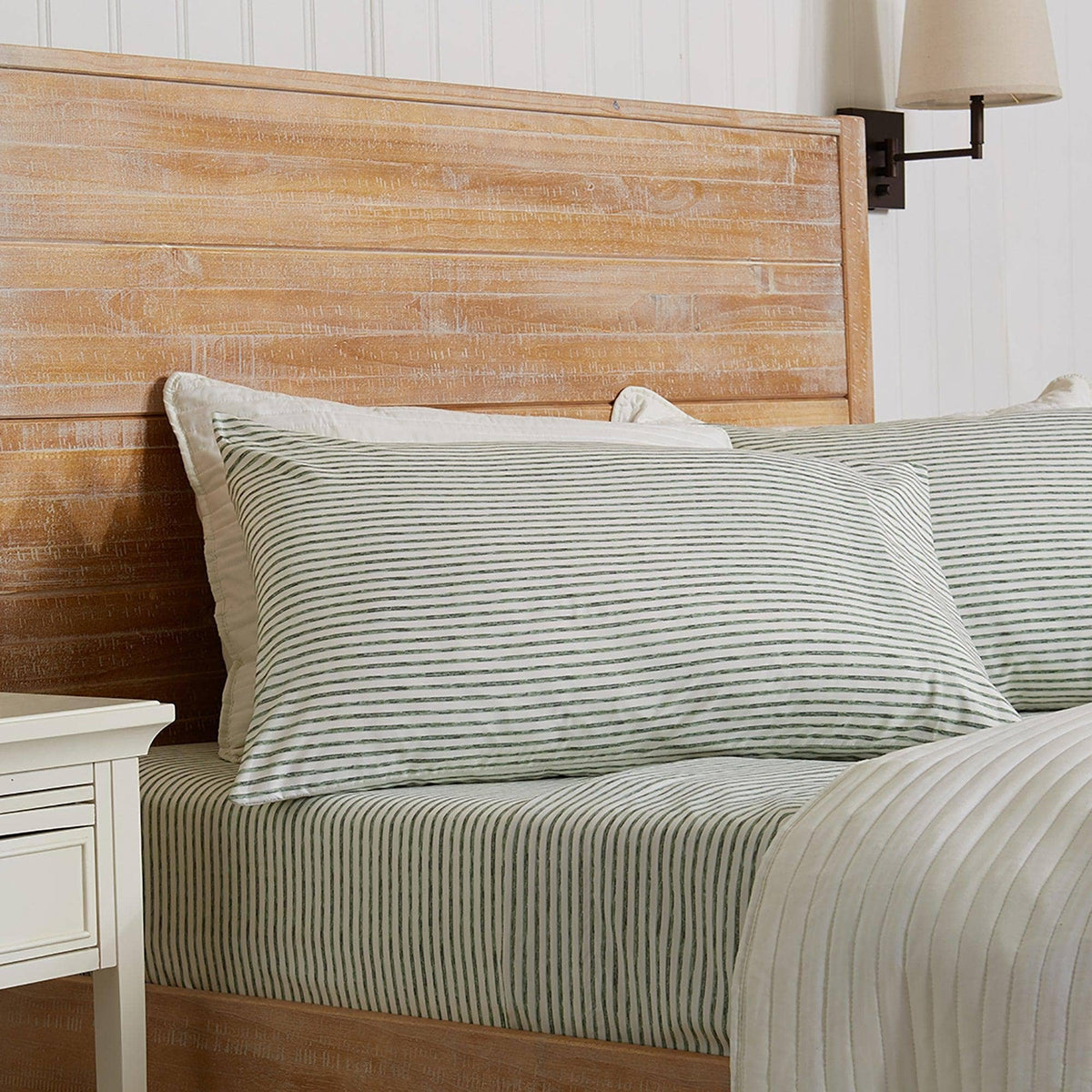 Striped microfiber sheet set with dark green and white stripe pillowcases