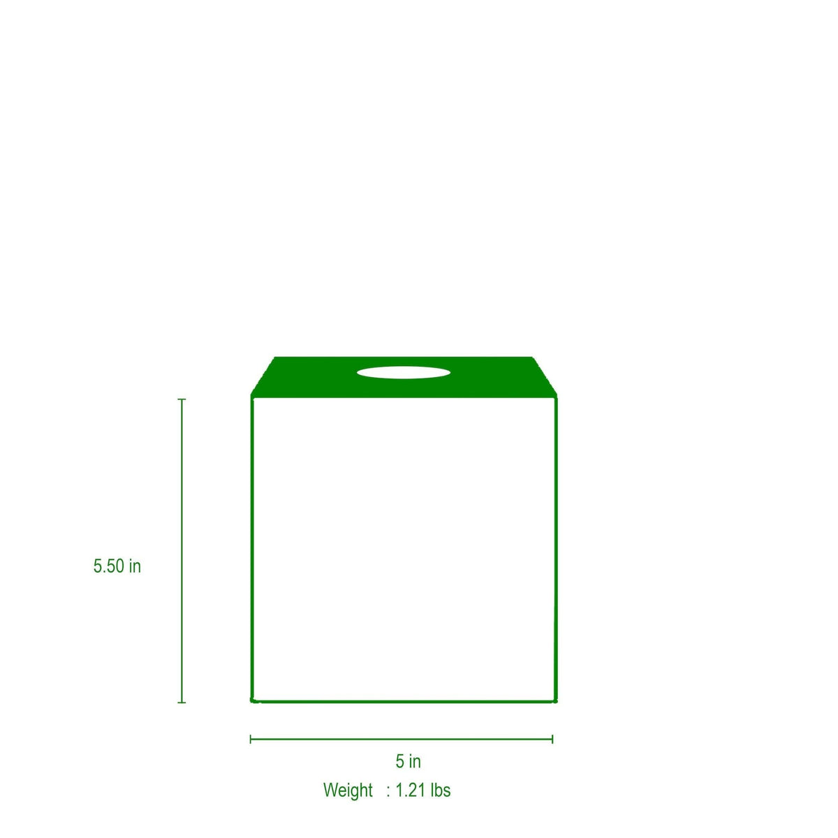 Tissue box cover dimensions diagram: 5.50 in height, 5 in width, 1.21 lb weight