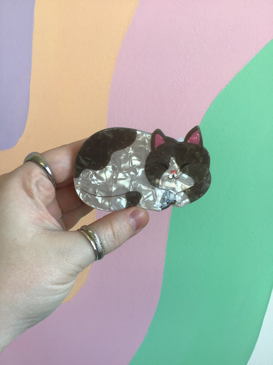 Clear cat hair claw with dark gray face, blue eyes, and pink ear tips