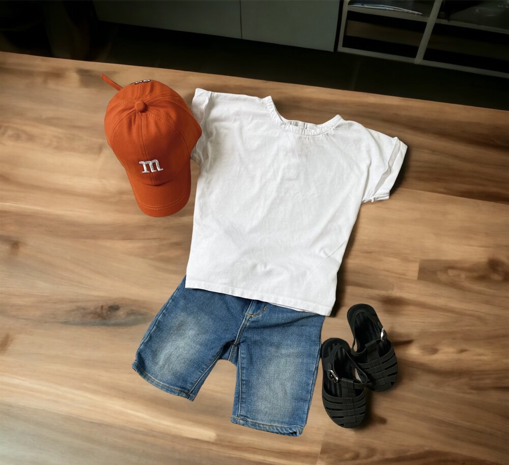 Kids baseball cap in orange with embroidered cartoon logo patch and curved brim