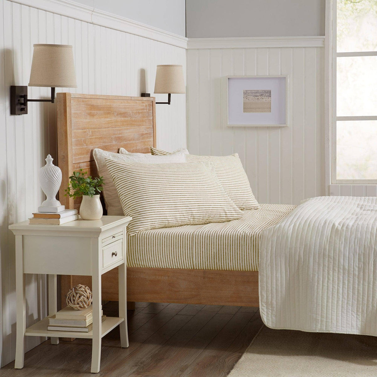 Striped microfiber sheet set with tan and white striped pillowcases