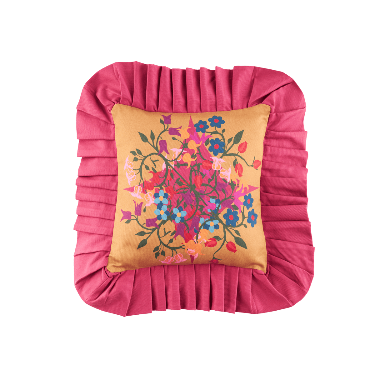 Pink ruffled pillow cover with tan front and colorful floral pattern